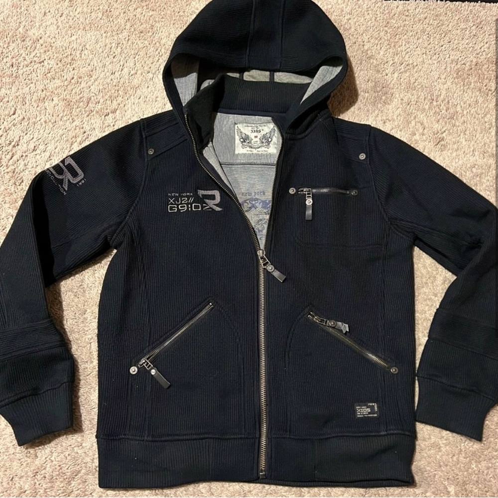 XIOS America black thick warm heavy weight full zip sweatshirt inside knit out